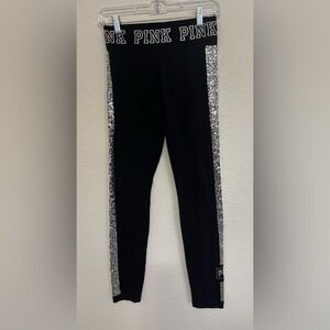 Victoria’s Secret PINK Yoga Leggings Sequin‎ Trim Black Silver Sparkle S
